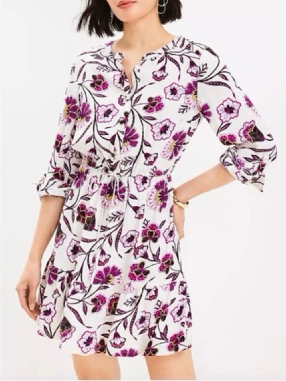 LOFT Floral Print Drawstring Waist White and Purple Women’s Dress